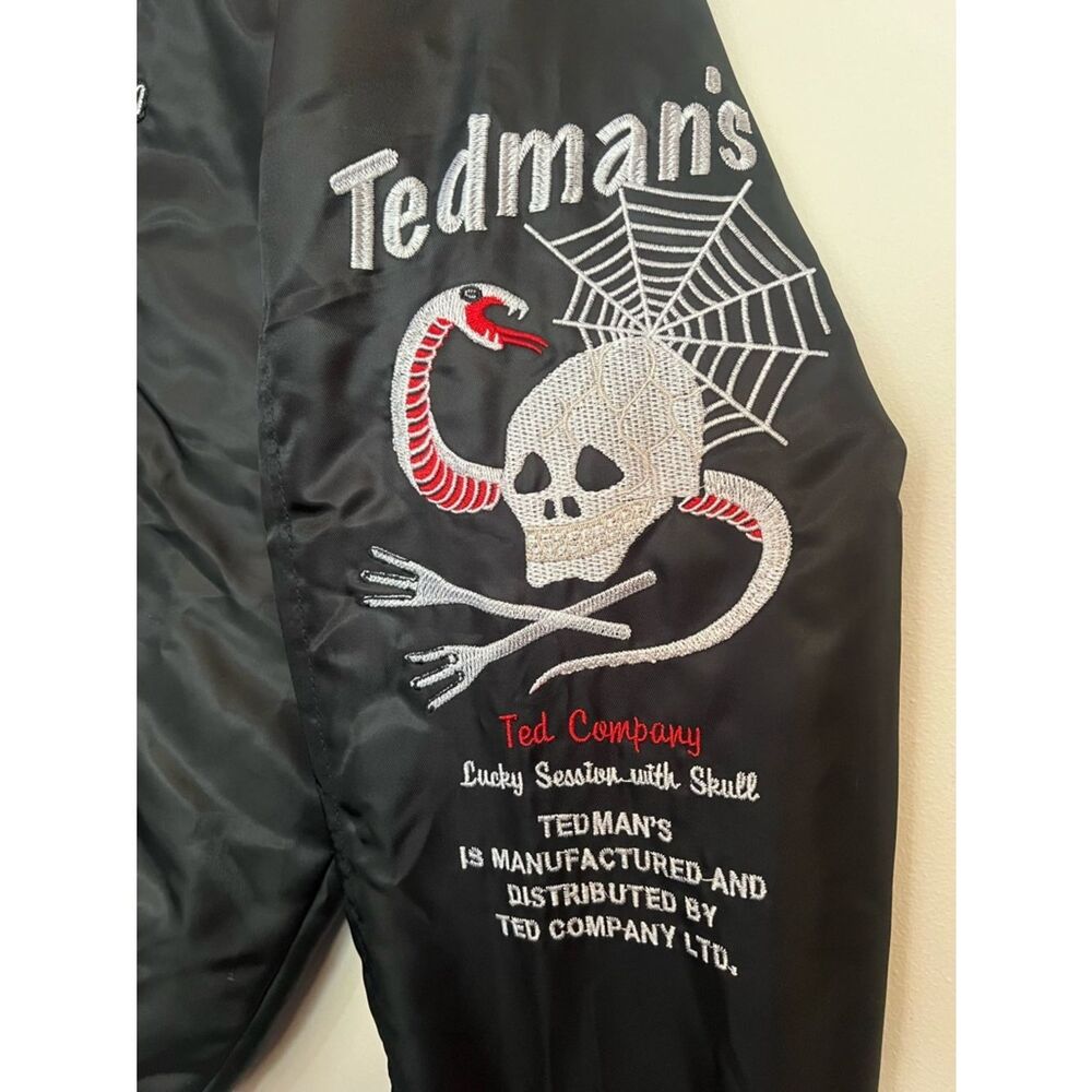 B-R-M Black Satin Bomber Jacket with Red Embroidered Graphics - Picture 4 of 6